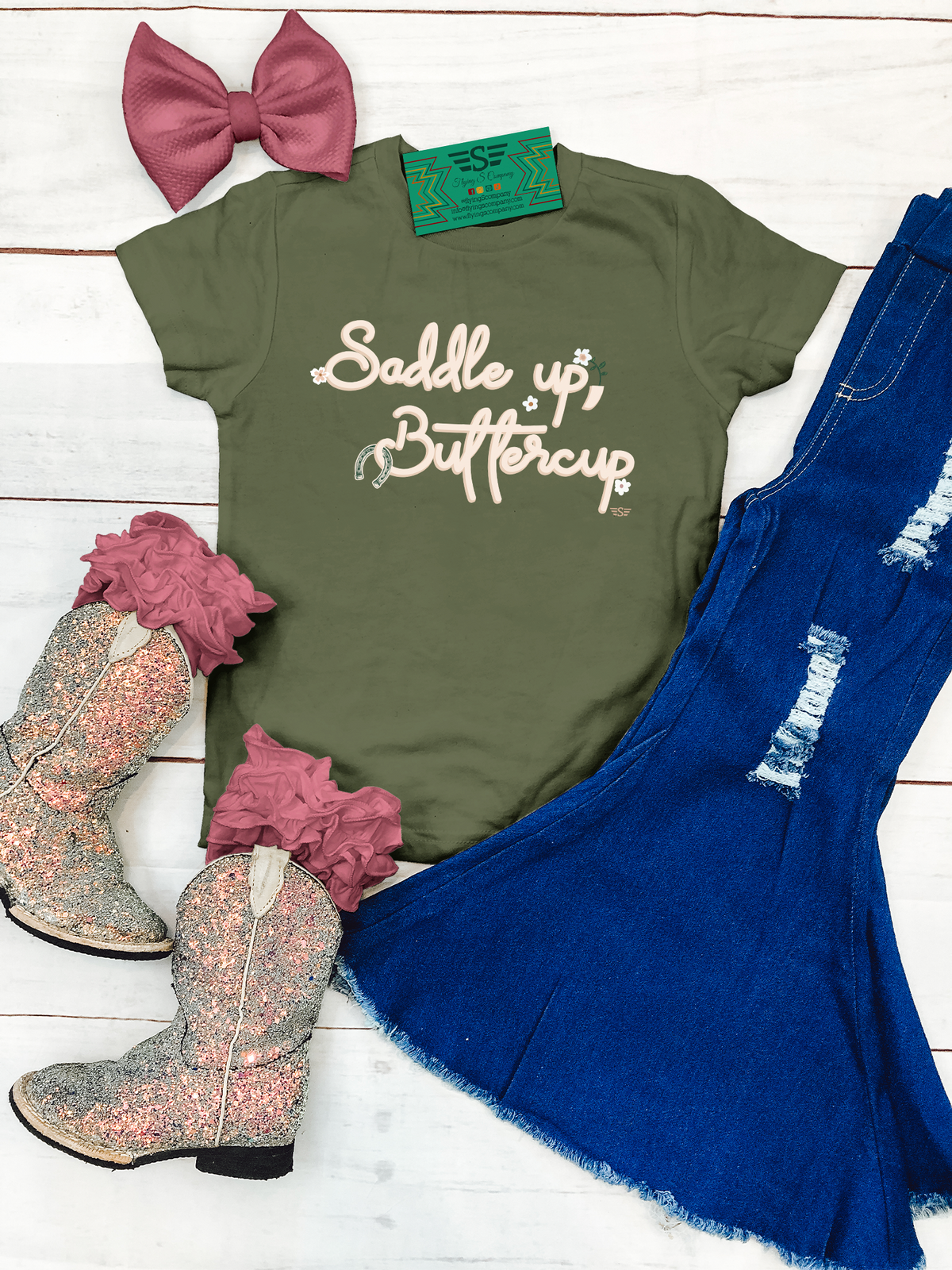 Kids Saddle up Buttercup Graphic Tee: Sage Green / 4t