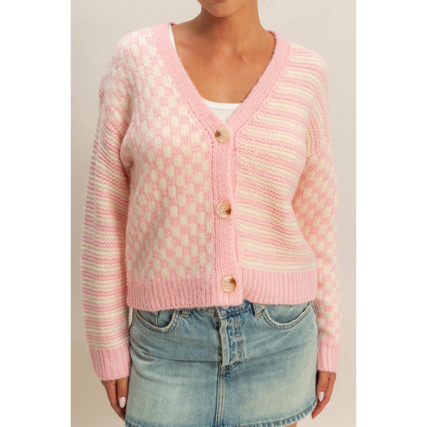 Cozy Pink Check Knit Cardigan Sweater