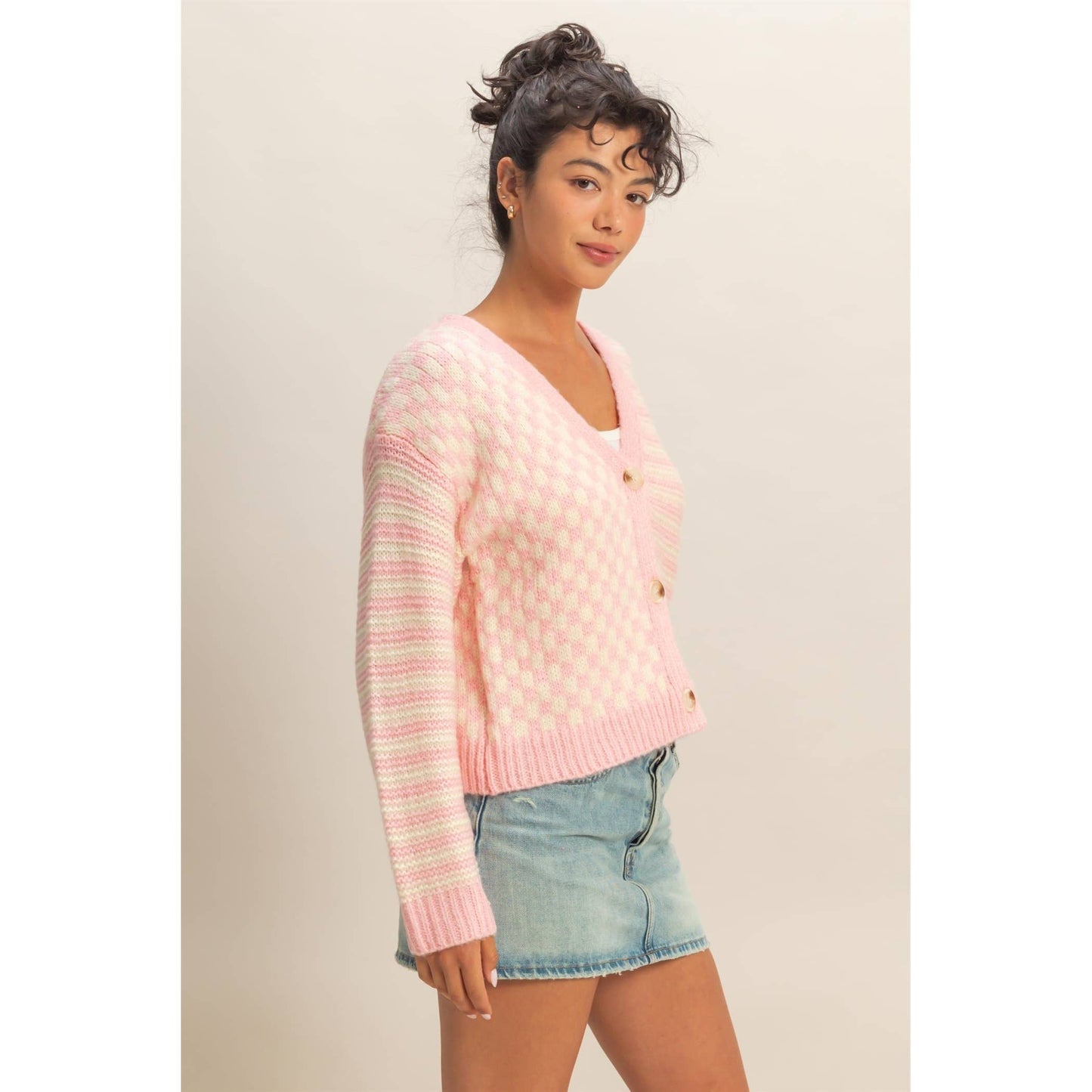 Cozy Pink Check Knit Cardigan Sweater