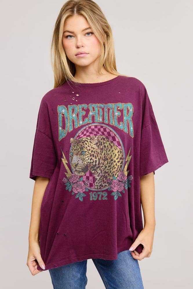 Dreamer Leopard Graphic S/S Oversized Seamless Tee ZO: PURPLE / L