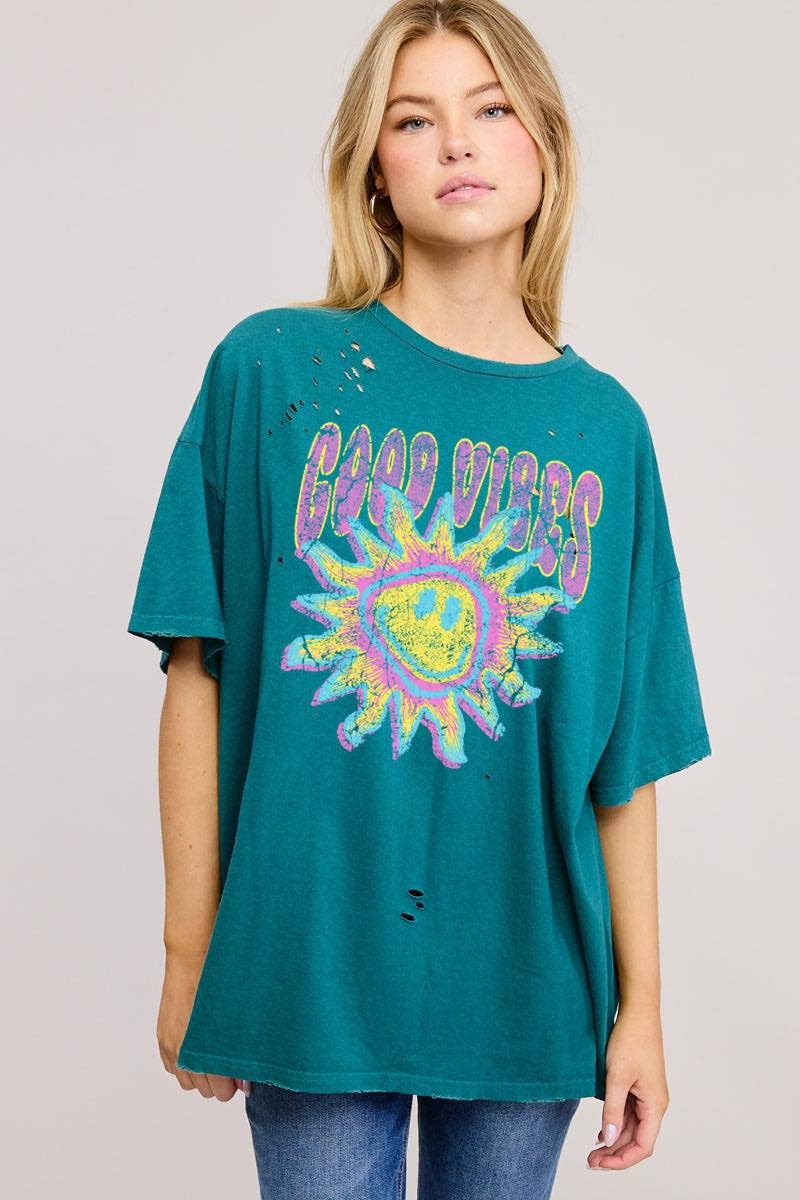 Good Vibes Graphic S/S Distressed Oversized Seamless Tee ZO: PLUM / S
