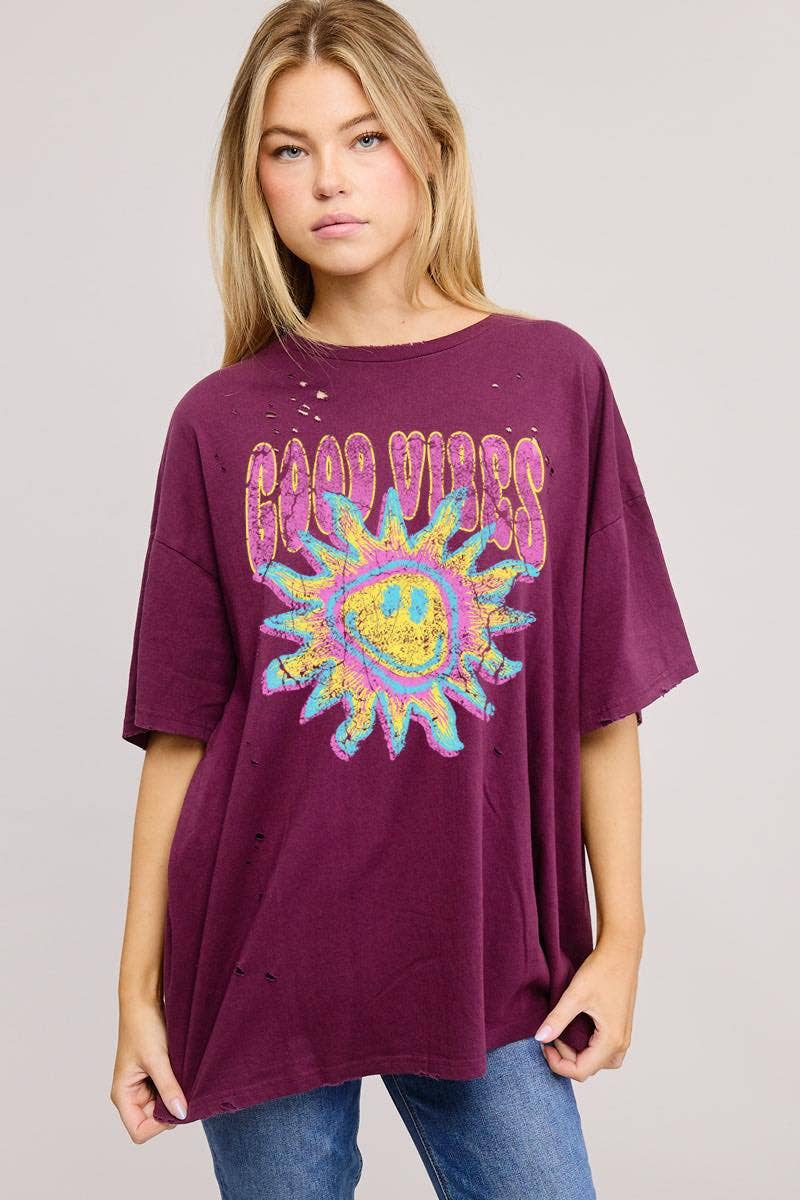 Good Vibes Graphic S/S Distressed Oversized Seamless Tee ZO: PLUM / S