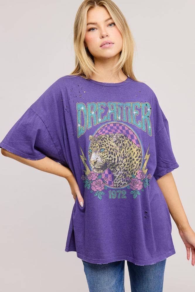 Dreamer Leopard Graphic S/S Oversized Seamless Tee ZO: PURPLE / L