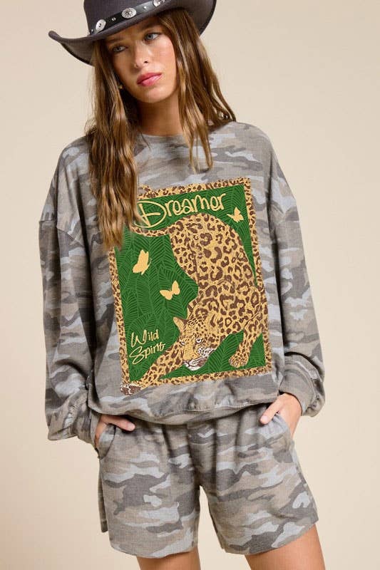 PUFF' Dreamer Wild Spirit Graphic L/S French Terry Pullover: LEOPARD / L