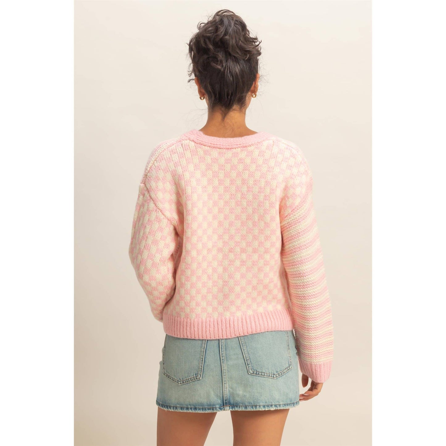Cozy Pink Check Knit Cardigan Sweater