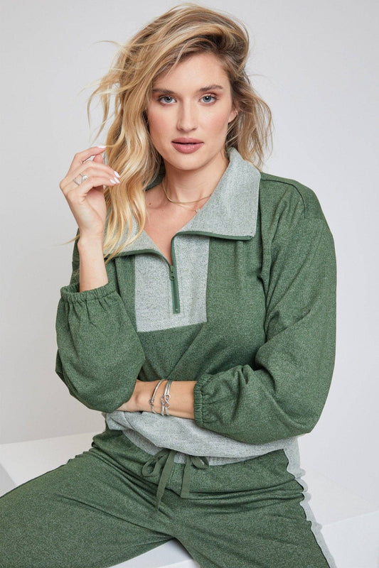 Elaine Quarter Zip Top- Pesto