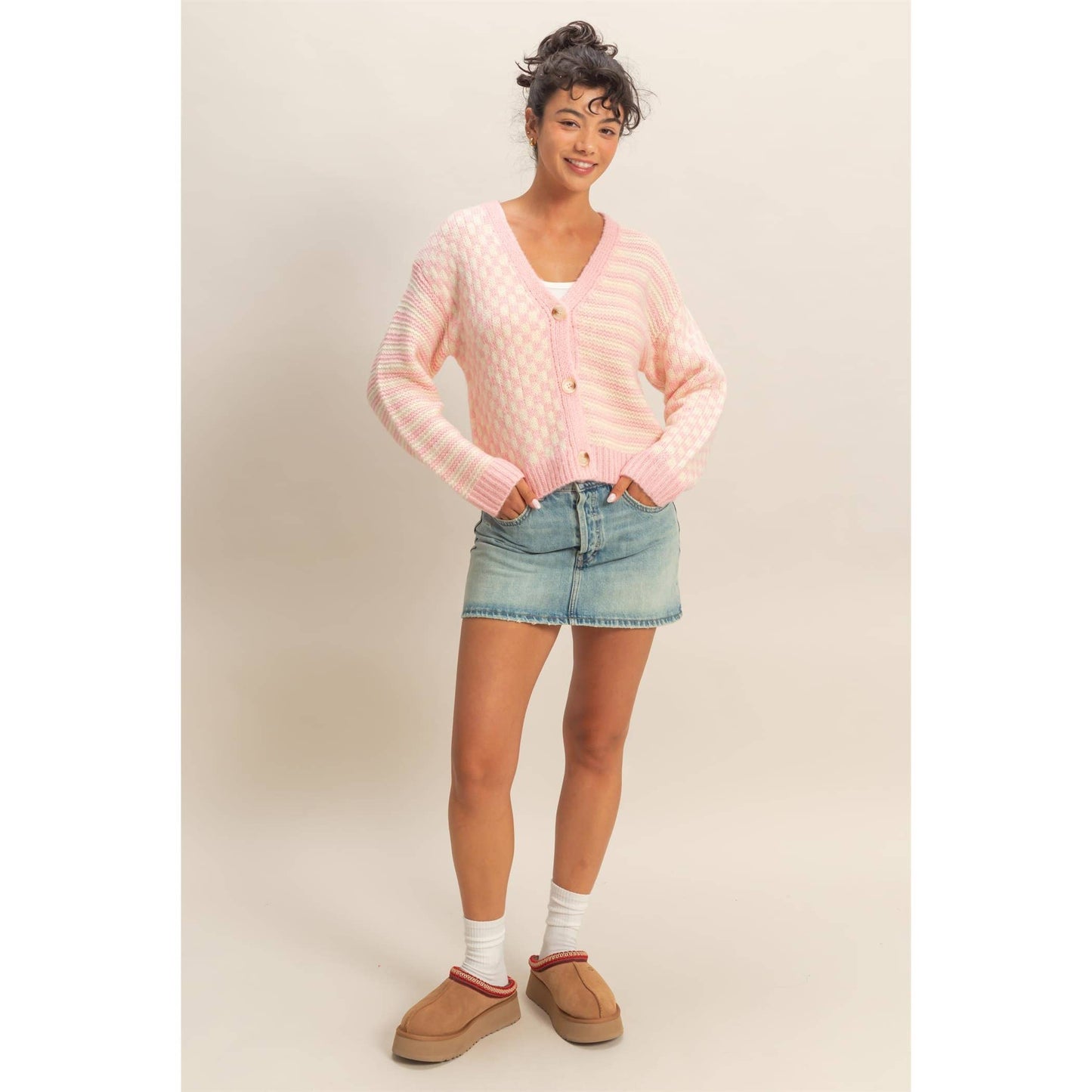 Cozy Pink Check Knit Cardigan Sweater