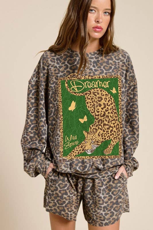 PUFF' Dreamer Wild Spirit Graphic L/S French Terry Pullover: LEOPARD / L