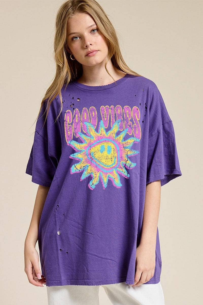 Good Vibes Graphic S/S Distressed Oversized Seamless Tee ZO: PLUM / S