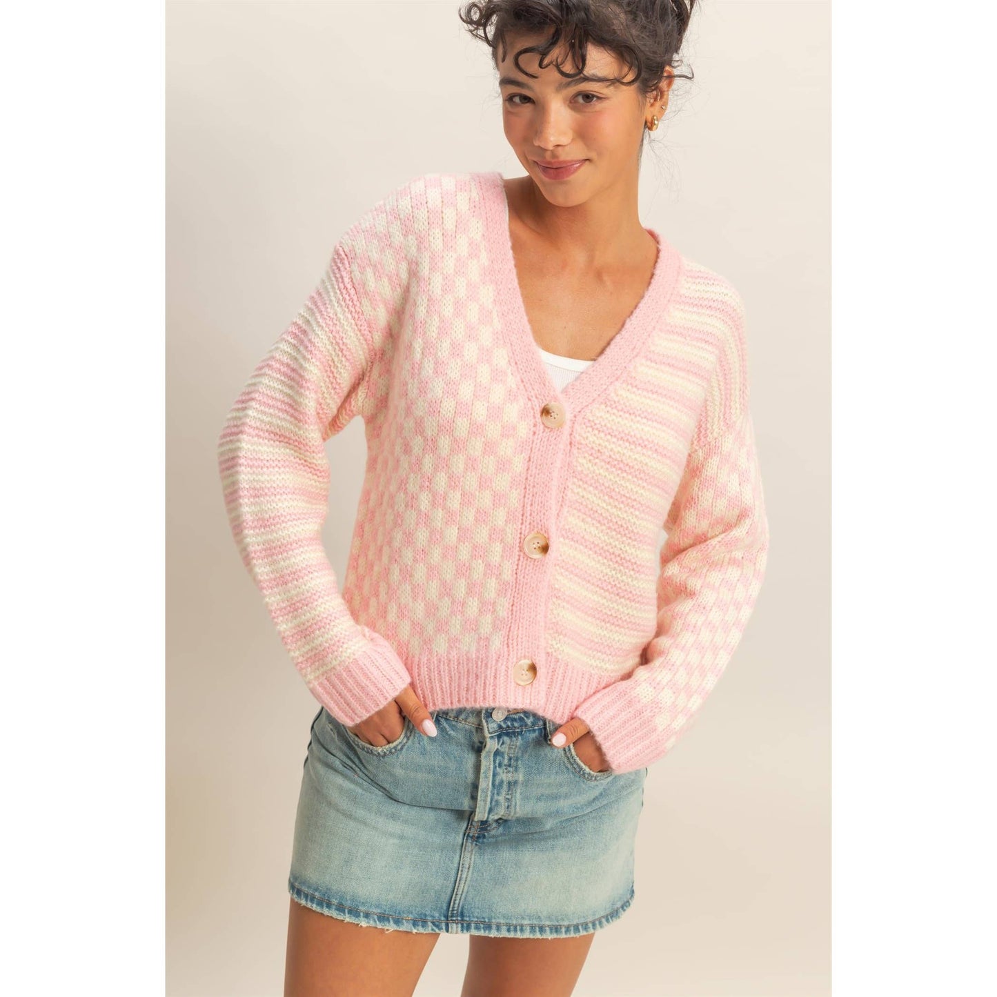 Cozy Pink Check Knit Cardigan Sweater